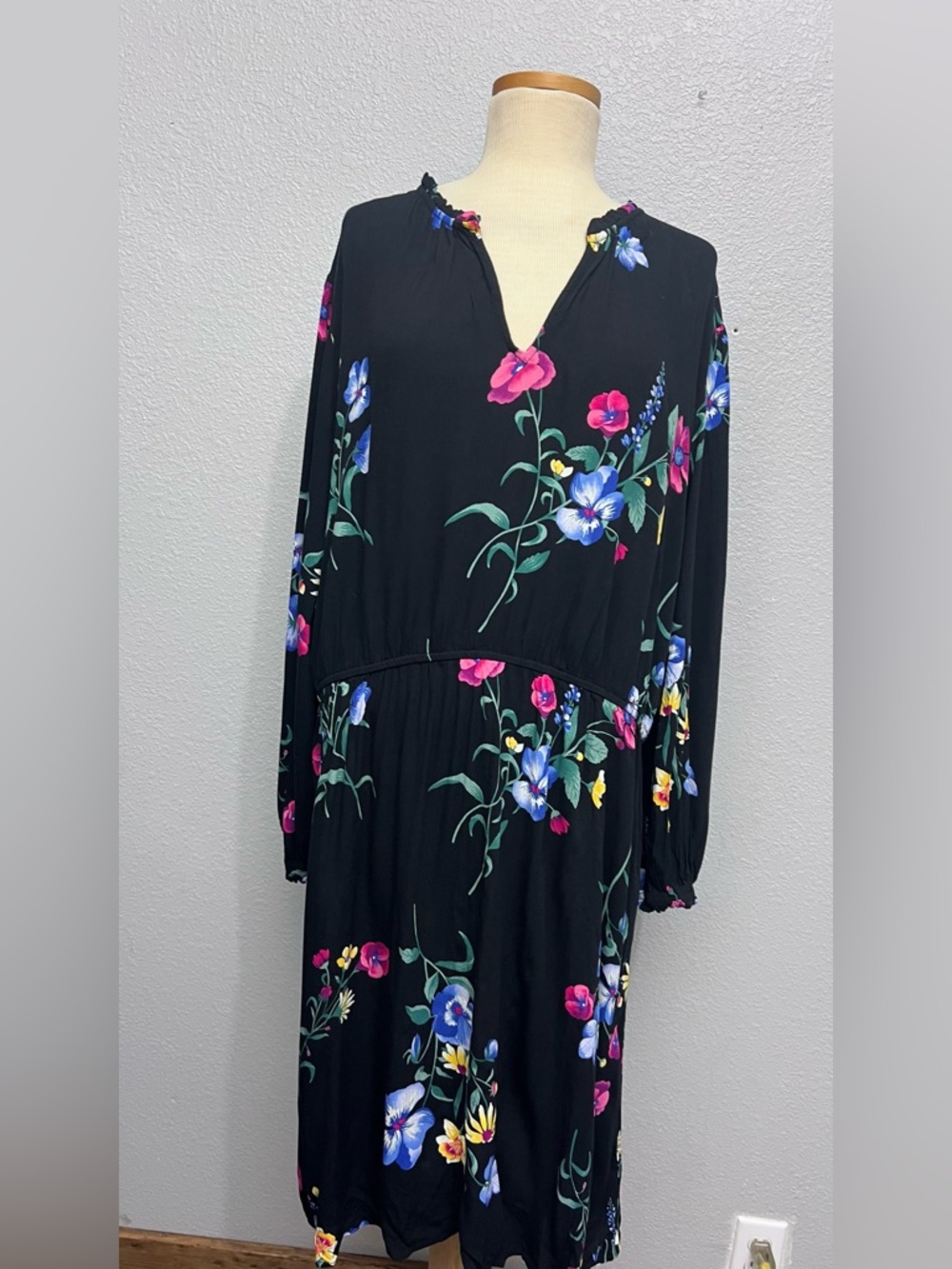 Old Navy Black Floral Long Sleeve Midi Dress - Pink, Blue & Yellow Flowers